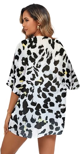 Image of FINOCEANS Womens Floral Chiffon Kimono Cardigans Loose Beach Cover Up Half Sleeve Tops