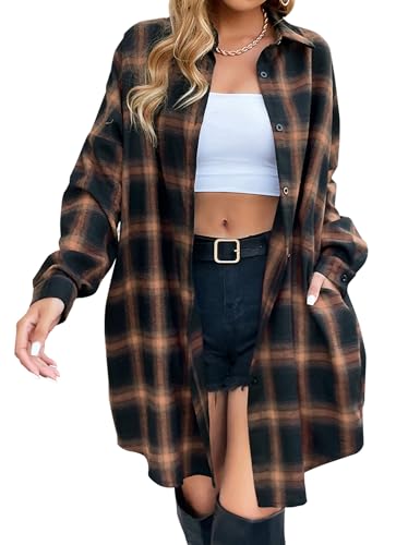 Blooming Jelly Women's Button Down Flannel Shirts Plaid Shacket Long Sleeve Collared Long Jacket Coats