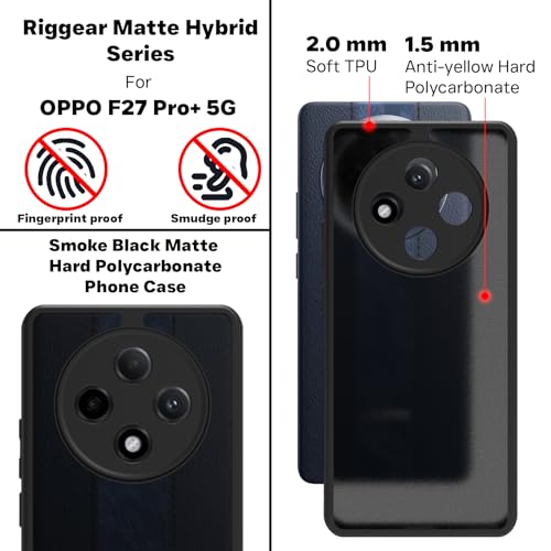 Image of RIGGEAR Shockproof Sleek Hybrid Armor Back Cover Case Compatible with Oppo F27 Pro Plus 5G (Smoke Black Matte PC + Black TPU Bumper)