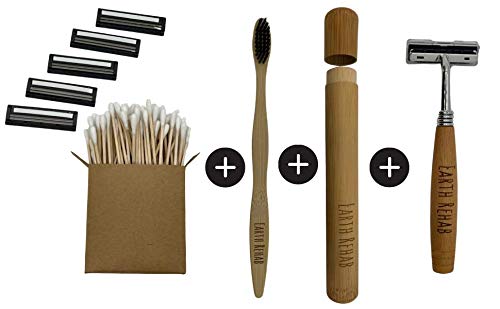 5 In 1 EARTH REHAB Bamboo Bathroom Bundle, Bamboo Razor With 5 Razor Blade Refills | Bamboo Toothbrush with Bamboo Case | 100 Bamboo Cotton Swabs
