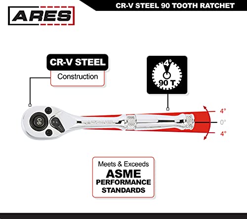 Ares 42045-1/4-Inch Drive 90-Tooth Ratchet - Premium Chrome Vanadium Steel Construction & Mirror Polish Finish - Quick Release For Easy Socket Change - 90-Tooth Reversible Design With 4 Degree Swing #TOP1