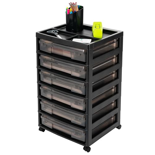 Image of IRIS USA Fits 12 inch x 12 inch Paper, 6-Tier Scrapbook Rolling Storage Cart with Organizer for Stationery Vinyl Tools Office Art and Craft Supplies, Yarn, 6 Cases w /Built in Handle - Gray