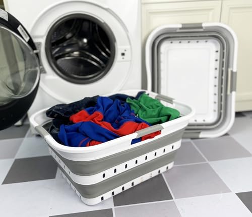 Image of SAMMART 42L (11 gallons) Set of 2 Plastic Foldable Storage Basket /Container - Collapsible, Space Saving and Portable Laundry Hamper, Ideal for Home, Travel, Dorm, and Camping (2, White /Grey)
