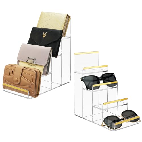 Purse Display Stands, 2 Pack 4-Tier Acrylic Wallet Holder Risers Stand, 2-Inch Spacing Clear Clutch Rack Handbag Display Shelf, 4MM Thick Counter Wallet Organizer for Figure Sunglasses Retail Vendor