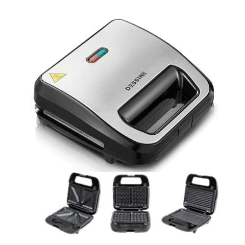 DESSINO Sandwichera 3 en 1, 3 Juegos de Placas Desmontables Antiaherentes e intercambiables para Gofres, Panini y Bocadillos, Fácil limpieza, Asa de Tacto Frío, 750W,Color Negro