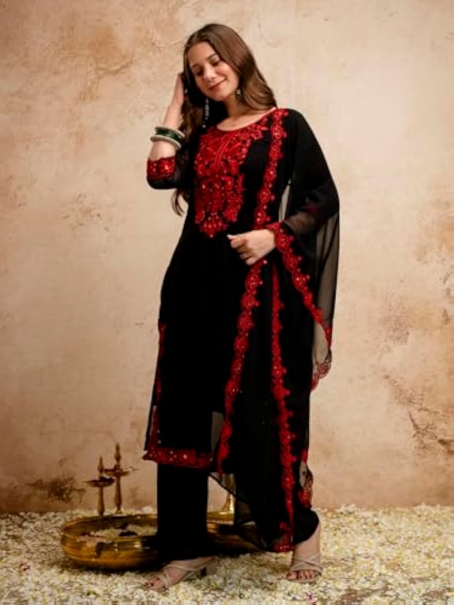 Women's Embroidered Georgette Kurta Pant Dupatta Set, A-Line