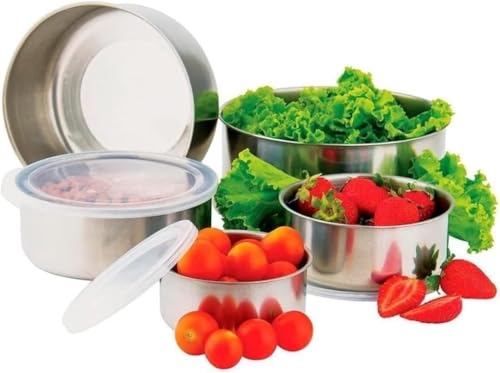 Jogo de Tijelas Potes Bowls de Aço Inox com Tampa para Armazenar Alimentos 5 Unidades