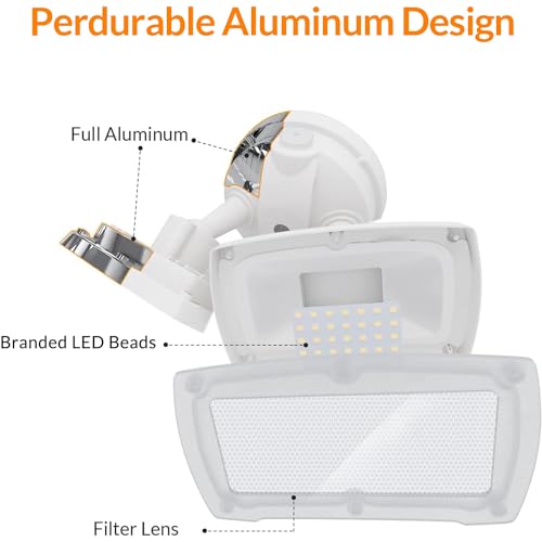 LEPOWER 3000LM Dusk to Dawn LED Security Light, 28W Flood Lights with Photocell, 3000K Warm Light, IP65 Waterproof, 2 Adjustable Heads Exterior Outdoor Security Lights for Garage, Backyard(White)