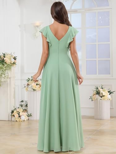 Women's Chiffon Bridesmaid Dresses Long with Slit Ruffled A Line Evening Gown Party Maxi Dress2
