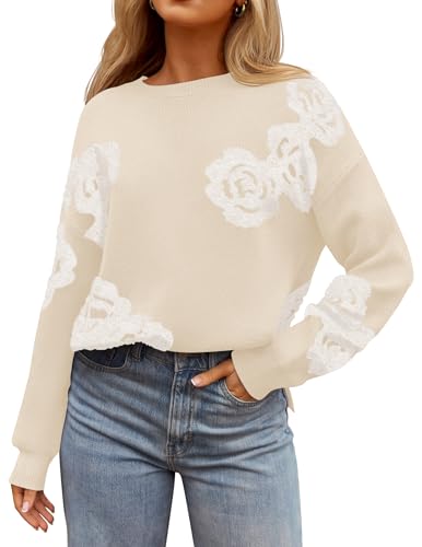 Zesica Women'S Fall Sweaters 2024 Casual Crewneck Long Sleeve Floral Oversized Knit Side Slit Pullovers Tops,Apricot,Medium cover