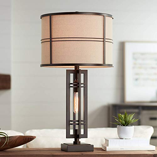 Elias Modern Industrial Table Lamp with Nightlight Oil Rubbed Bronze Off White Oatmeal