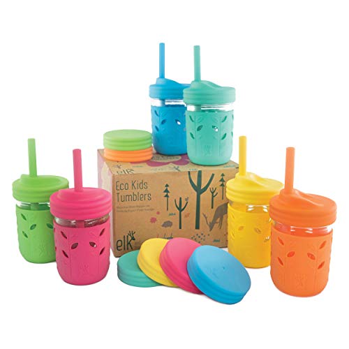 Elk and Friends Kids Cups | Toddler Cups with Silicone Straws | Glass Mason Jars 8 oz with Straws | Straw Lids | Leak Proof Regular Lids | Spill Proof Cups for Kids | Sippy Cups for Toddlers