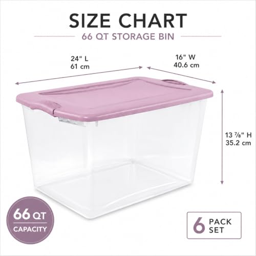 Image of Storage Bins 66 Qt Clear Latching Lid Stackable 6 Pack Purple