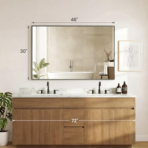 Image of NEWBULIG 30 inch x 48 inch Black Rectangle Bathroom Mirrors for Wall, Morden Wall Mirror with Metal Frame, Tempered Glass, Vanity Mirror for Over Sink, Entryway, Living Room, Anti-Rust