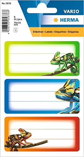 HERMA 5876 Etiquetas de libro para escribir camaleón, 9 unidades, 76 x 35 mm, autoadhesivas, a rayas, pegatinas para libros escolares, niños, niñas, niños, pegatinas multicolores, multicolor