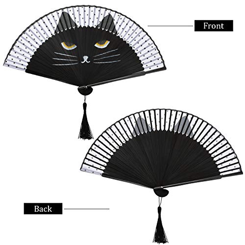 4 Pcs Black Cartoon Cat Folding Hand Fan Silk Foldable Fan with Store Bags by Blulu - Used condition - Image 4