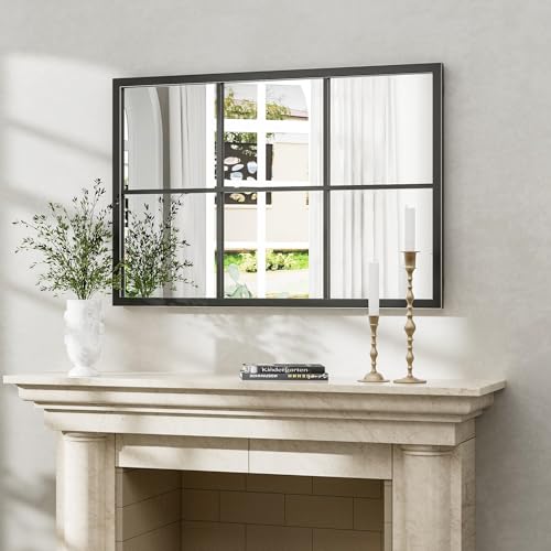 Image of Dewfig Rectangle Wall Mirror, 36 inchx24 inch Metal Frame Windowpane Mirror, Black