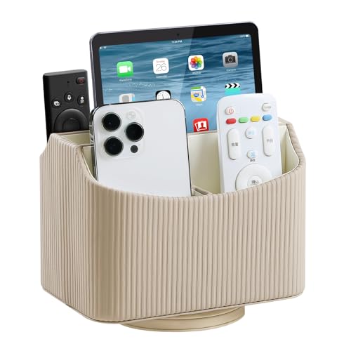 PU Leather Remote Control Holder, 360 Degree Rotating Desk Organizer Storage Table Remote Caddy, Spinning Bedside Organizer Nightstand Organizer for Desktop Office Home (Beige)