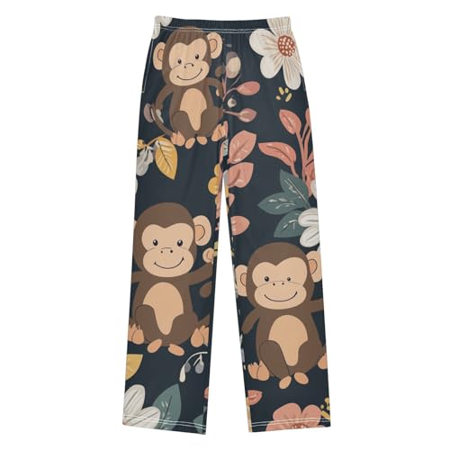 Monkey with Florals Boys Long Pants Soft Trousers Elastic Waist Kids Lounge Bottoms with Pockets S-XL