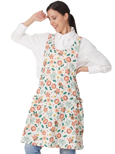 Image of Cozy Adjustable Cross Back Aprons for Women with Pockets Cotton Linen Cooking Kitchen Baking