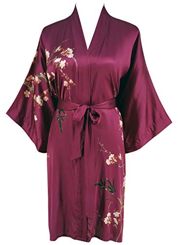 Ledamon Women's 100% Silk Kimono Short Robe (Wine...
