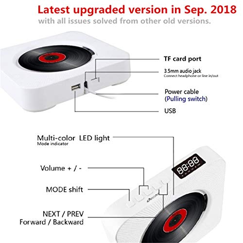 Kecag Cd Player Portable Wall Mountable With Bluetooth 4.2 Fm Radio Usb/Tf/Aux Mp3 Remote Control Led Display Sleep Timer, White (Highest Upgraded) #TOP2