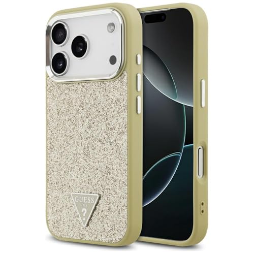 Coque iPhone 17 Pro paillettes dorées Guess logo triangle compatible MagSafe