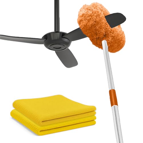 Image of Maxoshine Fan Cleaner Brush with Long Rod Flexible Fan Cleaning Mop Microfiber Dust Cleaner Foldable Duster Microfiber Duster for Cleaning of Home, Kitchen, Car (Orange+Yellow)