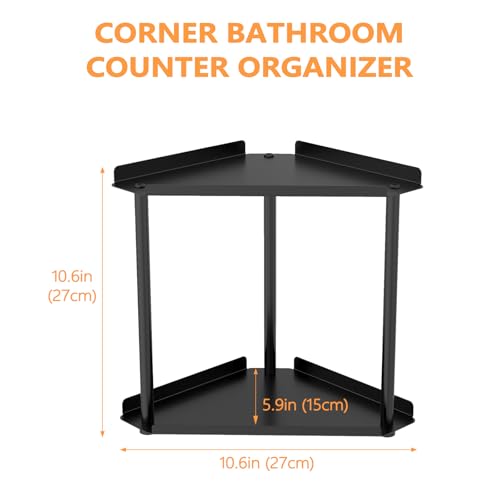 Image of FLE Corner Bathroom Counter Organizer, Bathroom Organizer Countertop Black | 2 Tier Corner Shelf, Tabletop Mount,Waterproof solid shelf fits bathroom toiletries and kitchen condiment storage.