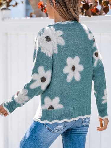 Image of CUPSHE Sweaters for Women Long Sleeve Pullover Knit Tops | Floral Scalloped V Neck Pullover Sweaters, Soft and Cozy Fabrics, Relaxed Fit, Fall Clothes, Winter Clothing, Cute Fashion