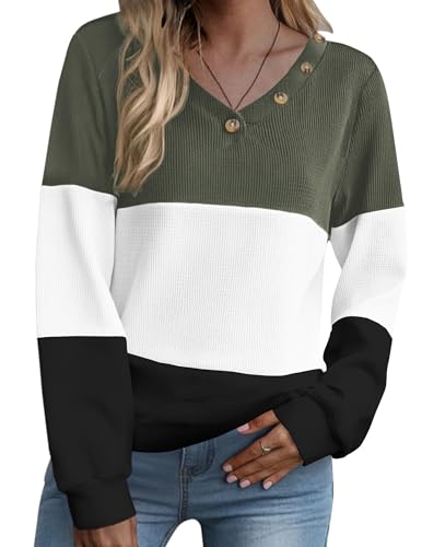 Zeagoo Women Waffle Knit Tops V Neck Long Sleeve Tunics Color Block Casual Blouse Fall Fashion 2025 Button Decor T Shirt