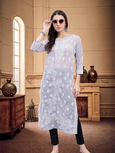 Image of Seva Chikan Hand Embroidered Lucknowi Chikankari Terivoil Cotton Regular Fit Straight Kurta for Women SCL4351