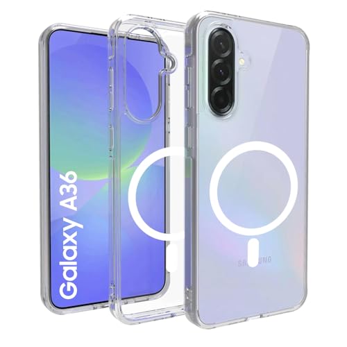 Image of RIGGEAR Shockproof Clear Hybrid Armor Magnetic Back Cover Case Compatible with MagSafe Accessories for Samsung Galaxy A36 5G (Clear PC+ Transparent TPU Bumper)