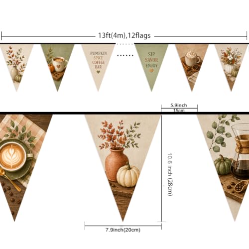 Image of Pumpkin Spice Coffee Bar Fall Banner, 12 Triangle Burlap Look Pennant Garland, Cozy Autumn Coffee Station Decor, Farmhouse Kitchen, Cafe, Thanksgiving Home Decorations, 13 ft