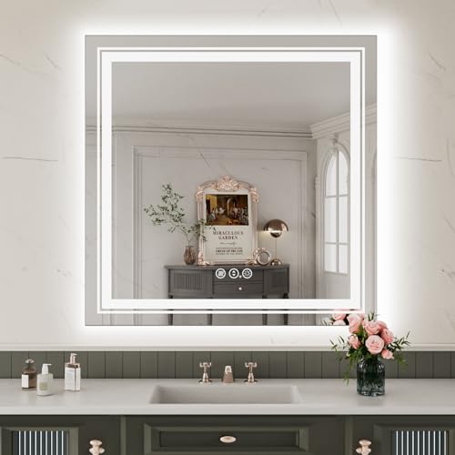 Image of WTTY LED Bathroom Mirror 36 inchx36 inch with Backlit and Front Light,Stepless Dimmable LED Mirror for Bathroom,Anti-Fog Lighted Bathroom Vanity Mirror Modern,Memory Function,Shatter-Proof
