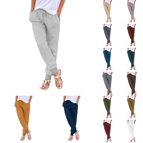 Womens Casual Linen Pants High Waist Drawstring Summer Loose Fit Pants Straight Leg Trousers with Pockets