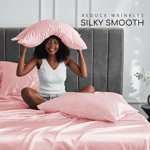 Image of MR&HM Satin Bed Sheets, Full Size Sheets Set, 4 Pcs Silky Bedding Set with 15 Inches Deep Pocket for Mattress (Full, Light Pink)