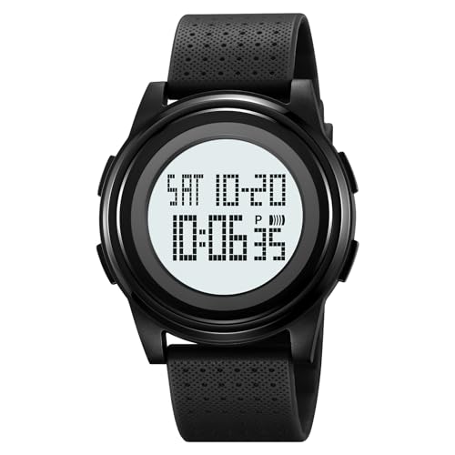 carlien Multifunctional Student Watch Leisure Sports Watch Student Electronic Watch Time, Date, Alarm, Stopwatch, Luminous Display, 12/24 Hour Mode, TPU Strap (Black - White)