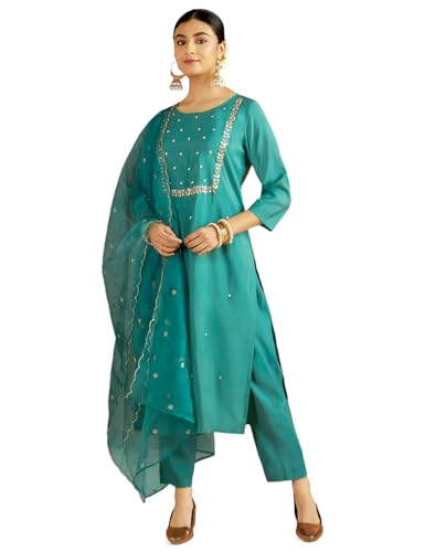 Image of Kaari Women's Hand Embroidered Kurta Set with Dupatta - Straight Fit | Silk Blend Fabric with Dabka Work | Sequin Work Organza Dupatta | Straight Pant with Side Pocket | Kurta Set For Women