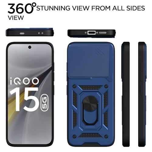 Image of Pikkme Back Cover for iQOO 15 5G | 360 Protection Case | Sliding Camera Shield Cover & Ring Holder Stand D10 Tough Armor Bumper Case (Blue)