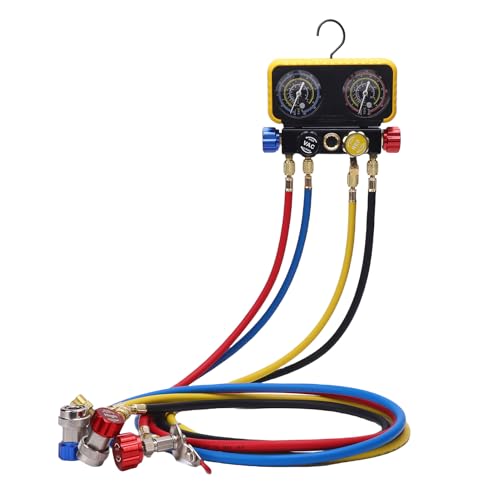 Juego de manómetros HVAC con mangueras para aplicaciones con refrigerantes R410A, R32, R134A y R22, manómetros de latón pesados de 4 vías con mangueras codificadas por colores, rango de presión 0-500 y 0-800