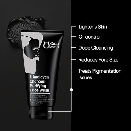 Image of Qraa Men Himalayan Charcoal Purifying Face Wash |For Deep Cleansing Of Pores|Removes Dirt, Control Oil| Fights Pollution, Blackheads, Acne & Pimples | All Skin Types | Pack of 3 (100gm X 3)
