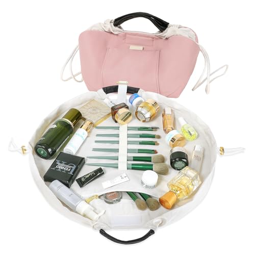 Vomgomfom 20 inch Drawstring Makeup Bag Open Flat,Waterproof Magic Cosmetic Pouch for Women,Pink