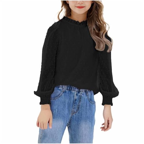 Girls Long Sleeve Shirts Chiffon Blouses Swiss Dot Frill Neck Casual Loose Cute Top Tee 2025 Trendy Kids Girl's Tops