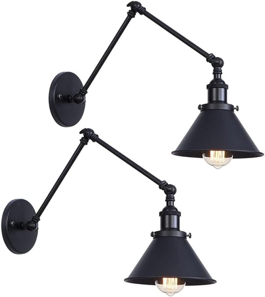HYJAUSXB Adjustable Swing Arm Wall Lights, Black Vintage Industrial Bedside Lighting Fixture with Cone Lampshade for Hotel Corridor Restaurant Reading Lamp,Wall Scone Metal Shade (2Pack) (