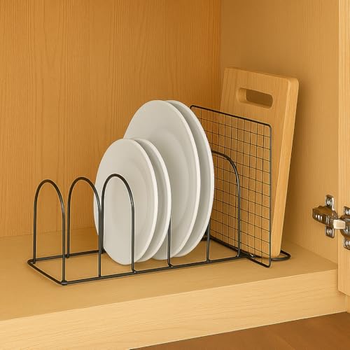 Image of Craft Expertise 6-Slot Pan & Pot Rack Organizer with Lid Holder - Adjustable Countertop Cookware & Plate Stand, Space-Saving Iron Kitchen Cabinet Organizer, Black (17 inch x 7 inch x 6 inch)