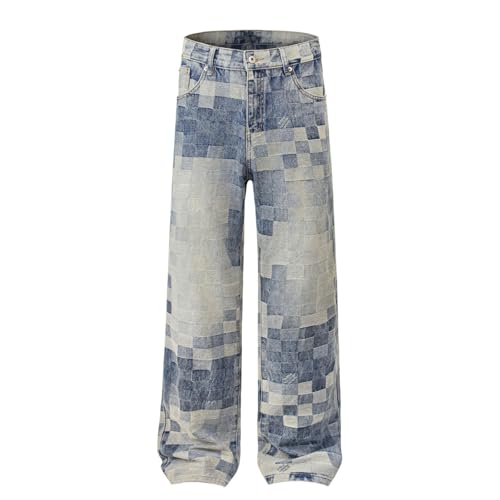 Jeans Pants Trousers Denim Retro Trendy Street Washed Blue Checkered Straight Leg Personalized for Men2