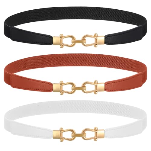 3 Pcs Skinny Elastic Belts for Women Thin Retro Stretch Waist Belt with Golden Buckle Adjustable Dress Body Waists Belt for Women Dresses Jeans Trousers Jewelry Accessories