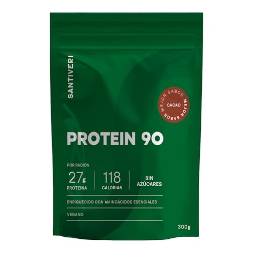 SANTIVERI – Protein 90 Instantáneo en Polvo, Proteína Vegetal con 27 Gramos por Ración, Enriquecida con Aminoácidos Esenciales y 13 Vitaminas, sin Gluten, Lactosa ni Azúcares, Sabor Cacao – 300g