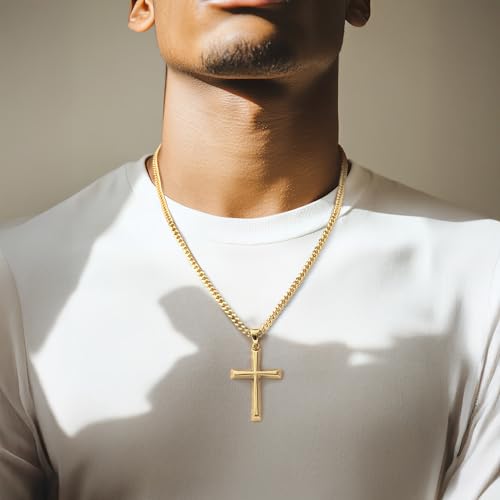 Mens Cross Necklaces 14K Gold Cross Necklace for Men Gold Crosses Chain for Men Paired with 4.3mm Cuban Chain Dainty Crosses Pendant Necklace for Mens 20/22/24in3